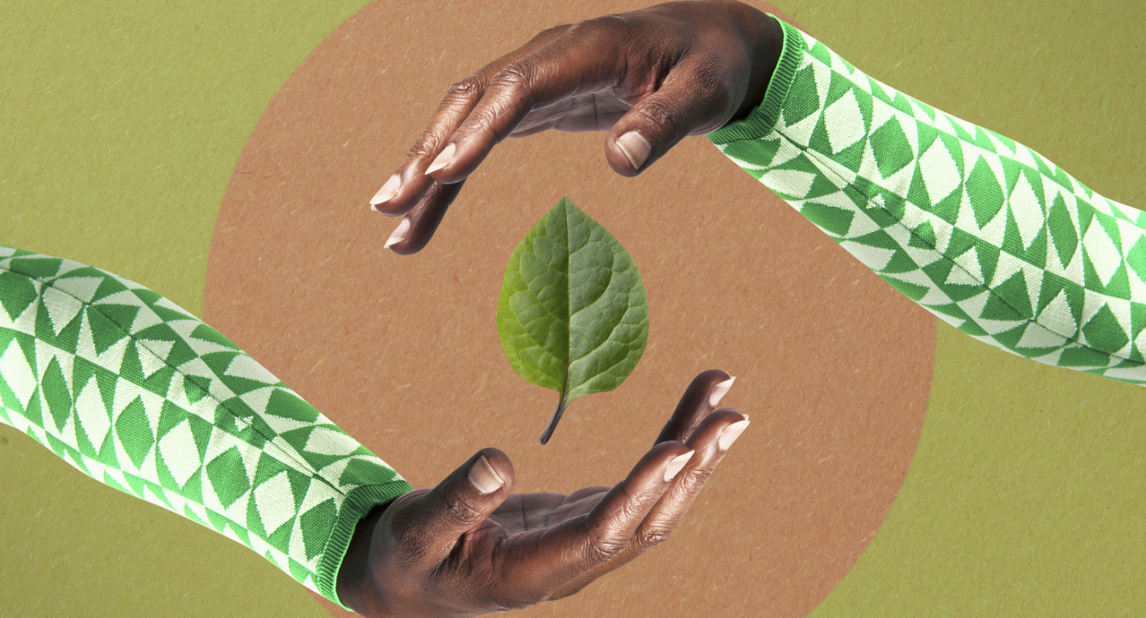 Mãos seguram uma folha verde representando a sustentabilidade